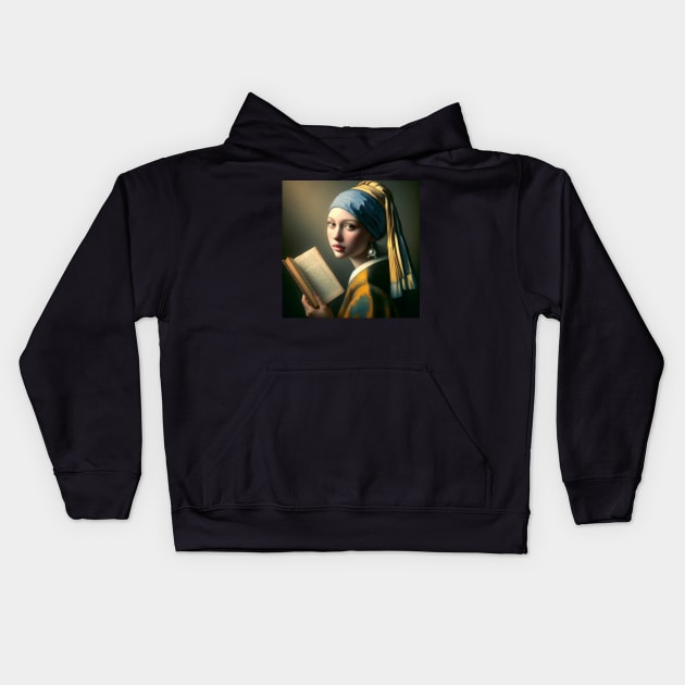 Reading in Pearls: A Literary Twist on Vermeer's Masterpiece Kids Hoodie by Edd Paint Something